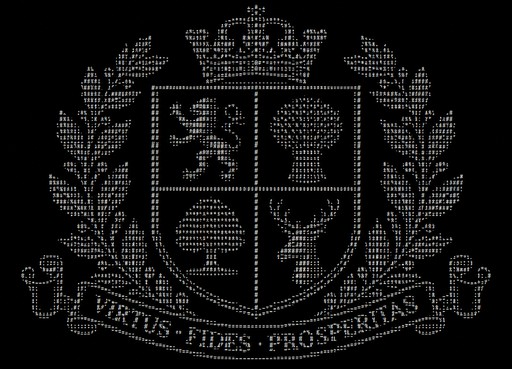ASCII art heraldic shield with animals, foliage, crown, and Latin motto in monochrome.
