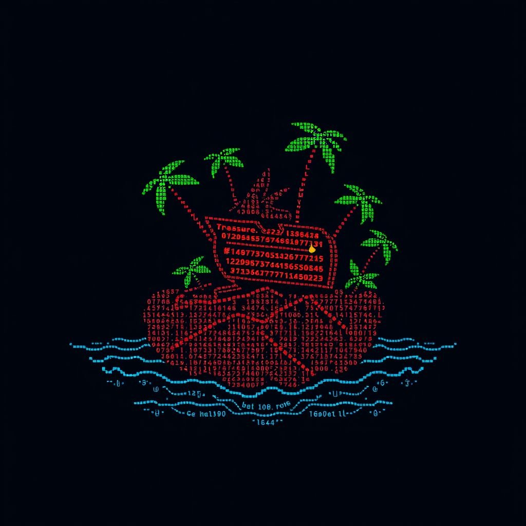 island with treasure chest made with letters and numbers