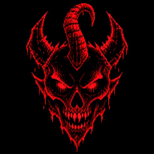 Create a professional square 1:1 logo artwork based directly on the provided reference image.

IMPORTANT: Recreate the SAME visual identity and composition as the reference. Do not reinterpret the concept, do not redesign the demon, and do not add new elements.

CANVAS:
- Aspect ratio: 1:1
- Square composition
- Resolution: ultra high resolution
- Background: completely pure matte black (#000000)
- No background texture
- No environment
- No border
- No frame
- No watermark

MAIN SYMBOL:
Place a large demonic skull/devil-head emblem exactly in the upper-center portion of the canvas.

The demon should have a very dark, sinister appearance, constructed almost entirely from black negative space and highly saturated red pixel-art outlines.

STYLE:
- Dark cyberpunk
- Demonic hacker aesthetic
- Aggressive red-and-black identity
- High-end gaming/esports logo
- Retro pixel-art influence
- CRT/glitch aesthetic
- Low-resolution pixel construction
- Sharp geometric edges
- Deliberately chunky pixels
- Distressed digital texture
- Strong contrast
- Minimalist composition

DEMON HEAD:
The demon's head is approximately centered horizontally.

The silhouette should be symmetrical but intentionally rough and corrupted.

The majority of the interior face is almost completely black.

Use dark crimson and bright red pixels to define:
- forehead
- temples
- cheekbones
- jaw
- horns
- eye sockets
- mouth
- teeth
- outer silhouette

The outer contour should contain irregular, sharp, flame-like and angular protrusions.

HORNS:
The demon has prominent devil-like horns.

On the left and right sides of the upper head, create sharp upward-pointing horn structures with jagged pixelated edges.

The most distinctive feature is the large CENTRAL CURVED HORN rising from the top of the forehead.

The central horn:
- starts around the center of the forehead
- rises vertically
- curves dramatically near the top
- bends forward/inward like a hook
- has a thick pixelated structure
- is bright crimson/