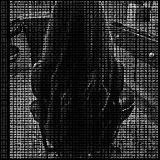 Monochrome ASCII-style image of a dark, abstract flowing shape.