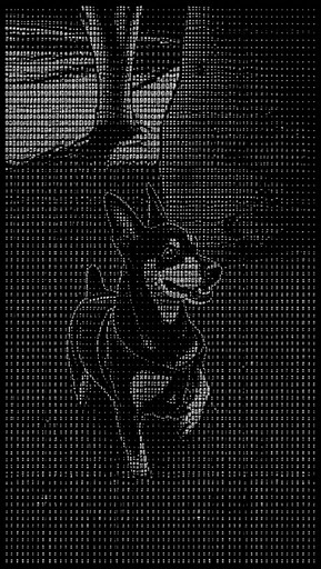 Monochrome ASCII art of a rearing horse-like animal in a forest.