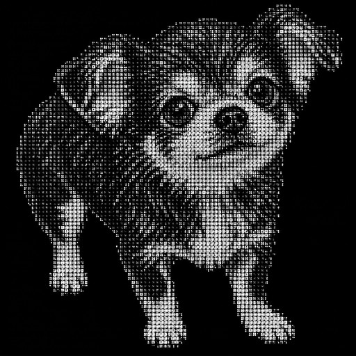 ASCII art of a small dog standing, rendered in monochrome dots.