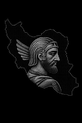 Gray ASCII-style profile portrait of a helmeted figure against a dark background