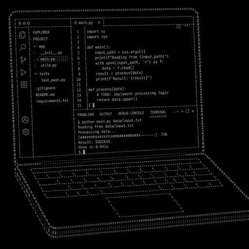 a 3d laptop with a coding IDE like vscode open with code being written and a terminal window open with scripts running. FULL ASCII art only