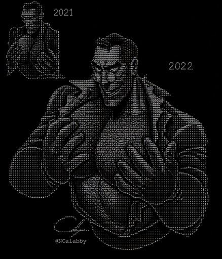 Monochrome ASCII illustration of a muscular person posing with raised hands.