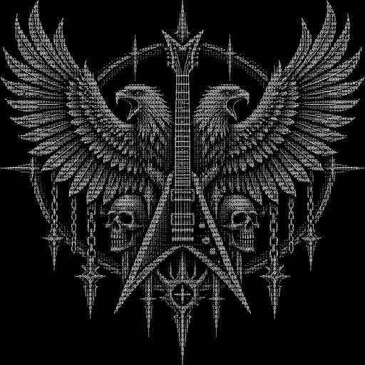 An extremely detailed ASCII text-art illustration of a majestic pair of wide-spread eagle wings surrounding a sharp heavy metal guitar emblem. Entire image constructed from thousands of keyboard characters, symbols, letters, slashes, hashes and punctuation marks. Pure black background, white characters, intricate feather details, symmetrical composition, dark 1980s heavy metal aesthetic, very large canvas, maximum detail, no realistic pixels, no ordinary illustration, no photographic elements.
