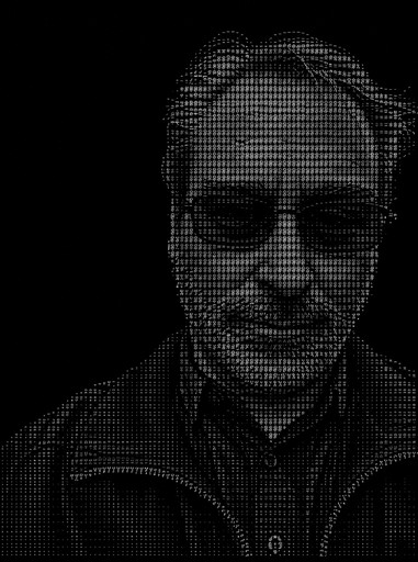 Monochrome ASCII portrait of a person wearing a jacket.