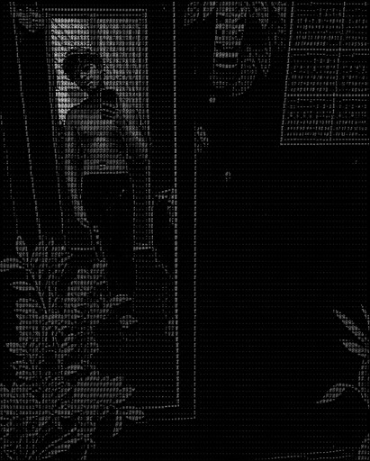 Monochrome ASCII-style scene of a person standing beside plants and a doorway.