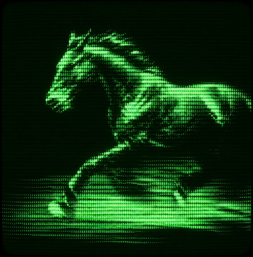 Green monochrome pixel art of a horse leaping across a glowing field