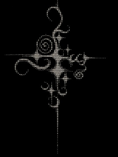 Monochrome ASCII-style abstract floral ornament with spirals and dangling lines.