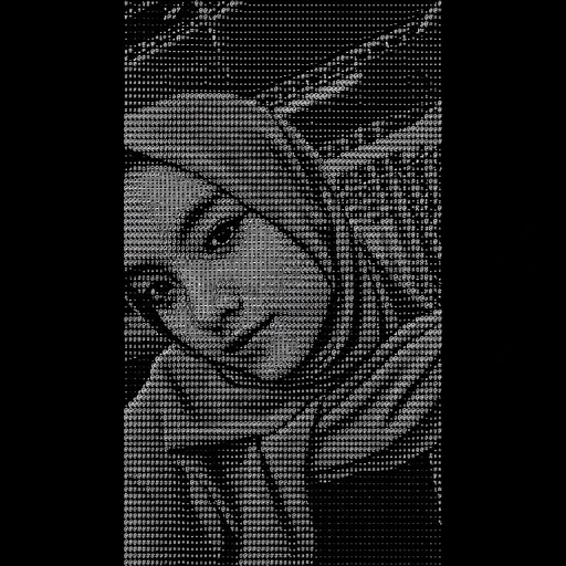 Grayscale ASCII portrait of a person wearing a headscarf.