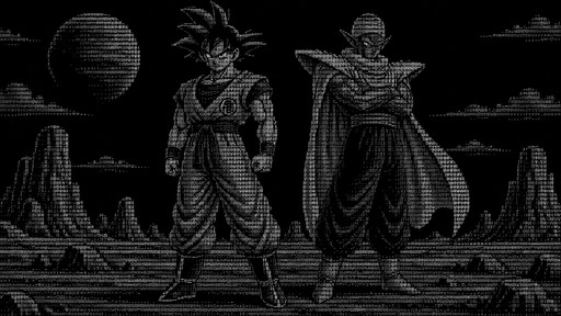 Can you make a sick classic ASCII with a full body son goku and piccolo I can use for omarchy screen saver