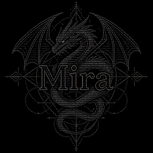 detailed geometric dragon tattoo flash wih transparent text "Mira" on the foreground
