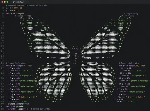 Colorful ASCII butterfly displayed over a dark code-filled background