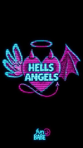 Neon pixel-style winged emblem reading “Heels Angels” and “fun BABE” on black background