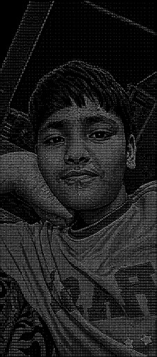 ASCII-style grayscale portrait of a smiling person wearing a patterned shirt