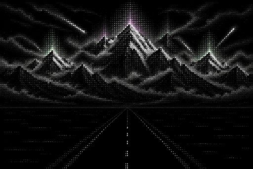 Create an image of the distant, imposing mountains of Elov towering over a vast, pitch-black highway on a desolate, treeless alien landscape. The towering peaks are snow-capped and surrounded by swirling heaps of clouds, crowned with shimmering, ethereal lights in vivid shades of purple and green. Bright, mysterious jets of white light occasionally streak across the dark, thick clouds from the mountain peaks. The surrounding plain is completely dark, flat, and empty, making the glowing, mysterious mountain range stand out in mesmerizing contrast against the night.