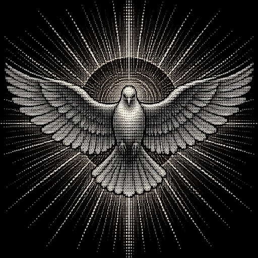 Create a highly detailed, symmetrical ASCII art representation of the Holy Spirit dove featured in Gian Lorenzo Bernini's stained-glass window in the apse of St. Peter's Basilica in Vatican City.

Subject and composition:

A majestic white dove representing the Holy Spirit, seen from the front, with both wings fully extended horizontally.

The wings must be anatomically plausible, elegant, and richly detailed, with individually distinguishable layers of feathers.

The dove's head is centered, slightly tilted downward, with a small beak and a peaceful, sacred expression.

The body is vertical and elongated, with a clearly defined breast and a fan-shaped tail.

A brilliant divine golden-radiance effect surrounds the dove, represented through ASCII characters arranged in concentric halos and long, symmetrical rays radiating outward in every direction.

The overall composition should evoke the monumental Baroque aesthetic of Bernini's original artwork: dramatic, majestic, luminous, and perfectly balanced.

ASCII requirements — absolutely essential:

Output genuine ASCII ART as plain text, NOT an image, NOT a JPEG, NOT a PNG, and NOT SVG.

Use ONLY printable ASCII characters (character codes 32–126).

Permitted characters include: . , : ; ' " ` - _ = + * # % @ / \ | ( ) [ ] { } < >

Use varying character densities to create shadows, highlights, feather textures, and depth.

Construct the entire dove and its surrounding rays directly from ASCII characters.

Do NOT use Unicode, emojis, box-drawing characters, or extended ASCII characters.

Do NOT wrap the artwork in Markdown code fences.

Do NOT include explanations, titles, captions, or any text outside the artwork.

Preserve all spaces and line breaks exactly.

Use a monospaced layout with consistent character spacing.

Make the artwork as large and detailed as possible, ideally 120–160 characters wide and 70–100 lines tall.

Ensure the dove remains recognizable when viewed in a terminal with a black background and white