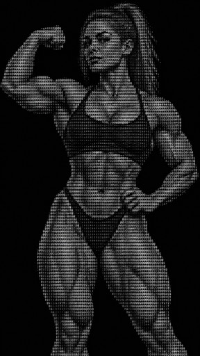 Draw a muscular woman posing for the camera in hyper fidelity ascii art.