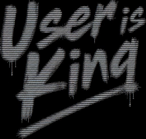 Stylized grayscale ASCII art displaying abstract graffiti-like lettering and diagonal strokes.