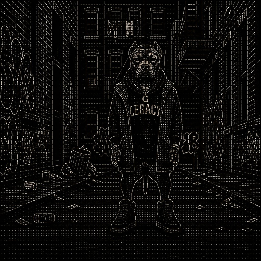 a dog wearing a jacket and boots standing in an alley