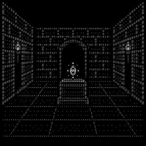 a picture of the amulet of yendor from the game rogue, sitting in a dungeon floor, with dungeon walls in a perspective look