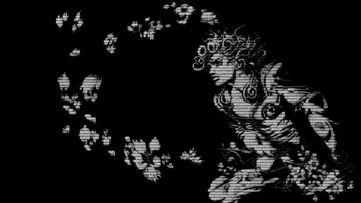 Monochrome ASCII-style person surrounded by swirling floral patterns