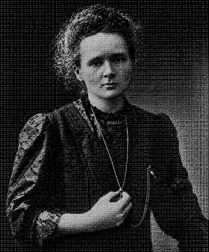 Grayscale pixel-art portrait of a person wearing a jacket and necklace.