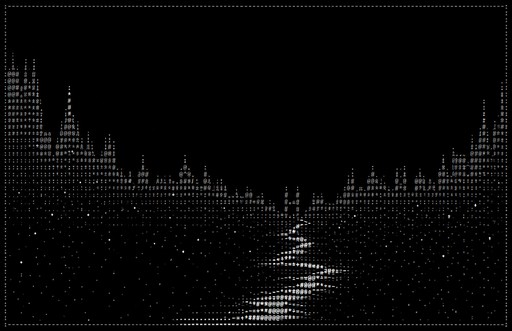 Monochrome ASCII landscape depicting a mountain valley and winding river.