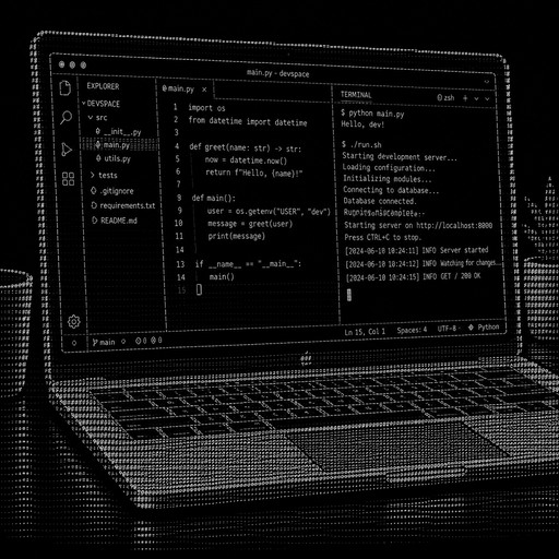 a 3d high quality laptop with a coding IDE like vscode open with code being written and a terminal window open with scripts running. colorful not over colored but where needed to be realistic and 3d high quality.