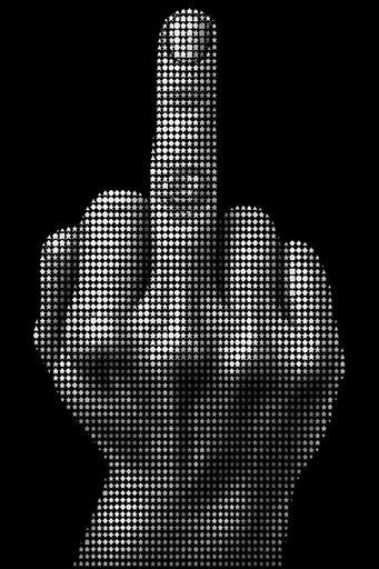 A realistic human fist facing forward, with four fingers curled inward and the middle finger extended upward