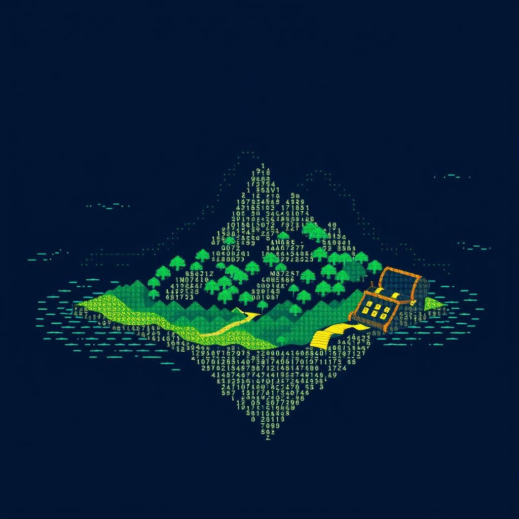 island with treasure chest made with letters and numbers