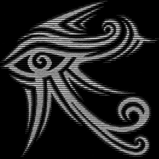 White ASCII-style swirling winged symbol on a black background