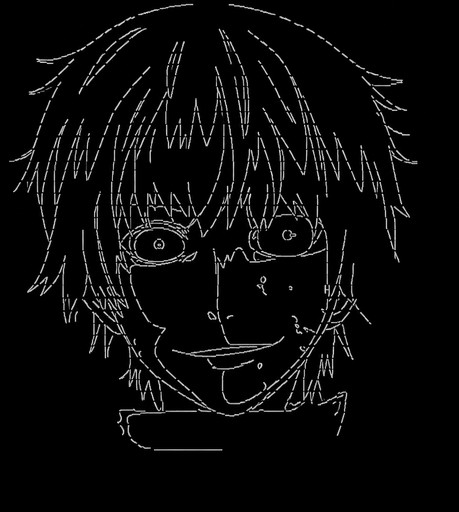 Black-and-white ASCII portrait of an anime-style person with shaggy hair.