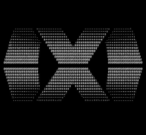 White ASCII art forming an abstract symmetrical geometric design on black background