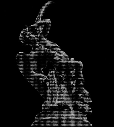 White ASCII art of a statue against a black background.