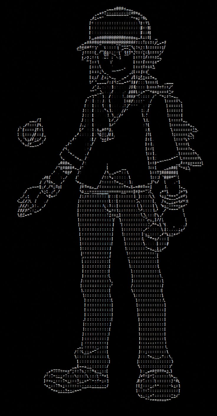 ASCII art of a person wearing a hat, jacket, pants, and boots.