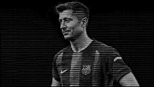 Grayscale ASCII-style portrait of a person wearing a striped sports jersey.