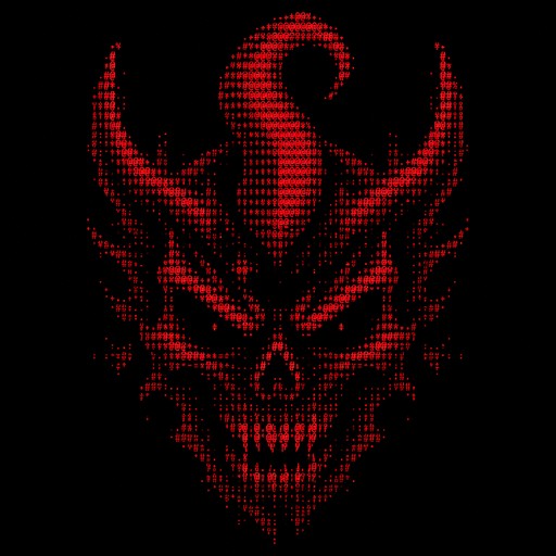 Create a professional square 1:1 logo artwork based directly on the provided reference image.

IMPORTANT: Recreate the SAME visual identity and composition as the reference. Do not reinterpret the concept, do not redesign the demon, and do not add new elements.

CANVAS:
- Aspect ratio: 1:1
- Square composition
- Resolution: ultra high resolution
- Background: completely pure matte black (#000000)
- No background texture
- No environment
- No border
- No frame
- No watermark

MAIN SYMBOL:
Place a large demonic skull/devil-head emblem exactly in the upper-center portion of the canvas.

The demon should have a very dark, sinister appearance, constructed almost entirely from black negative space and highly saturated red pixel-art outlines.

STYLE:
- Dark cyberpunk
- Demonic hacker aesthetic
- Aggressive red-and-black identity
- High-end gaming/esports logo
- Retro pixel-art influence
- CRT/glitch aesthetic
- Low-resolution pixel construction
- Sharp geometric edges
- Deliberately chunky pixels
- Distressed digital texture
- Strong contrast
- Minimalist composition

DEMON HEAD:
The demon's head is approximately centered horizontally.

The silhouette should be symmetrical but intentionally rough and corrupted.

The majority of the interior face is almost completely black.

Use dark crimson and bright red pixels to define:
- forehead
- temples
- cheekbones
- jaw
- horns
- eye sockets
- mouth
- teeth
- outer silhouette

The outer contour should contain irregular, sharp, flame-like and angular protrusions.

HORNS:
The demon has prominent devil-like horns.

On the left and right sides of the upper head, create sharp upward-pointing horn structures with jagged pixelated edges.

The most distinctive feature is the large CENTRAL CURVED HORN rising from the top of the forehead.

The central horn:
- starts around the center of the forehead
- rises vertically
- curves dramatically near the top
- bends forward/inward like a hook
- has a thick pixelated structure
- is bright crimson/