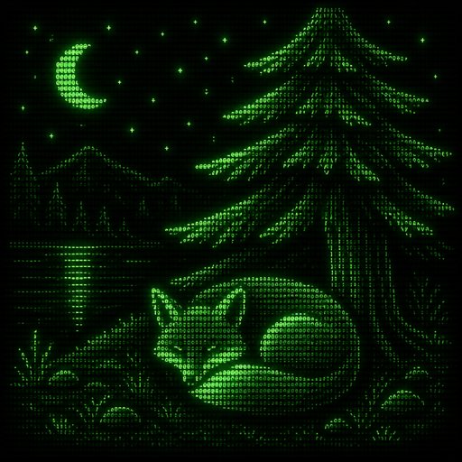 a fox curled up under a pine tree at night