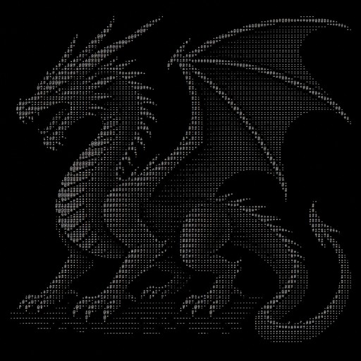 Monochrome ASCII art of a winged dragon with horns, claws, and a curled tail.