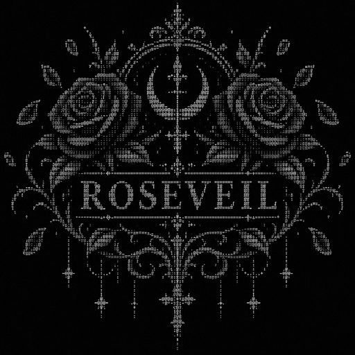 ROSEVEIL — an elegant dark luxury emblem, black roses, crimson petals, subtle gothic ornamentation, mysterious premium atmosphere, symmetrical composition, intricate classic ASCII art, high detail, clean readable typography, no emojis, no extra words”