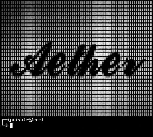 Black cursive lettering on a striped gray background with a command prompt below