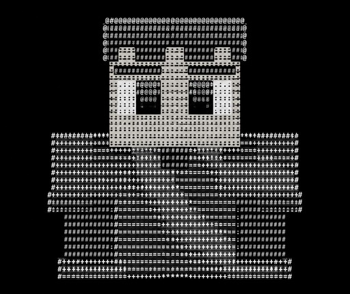 White and gray ASCII portrait of a person wearing a patterned outfit.