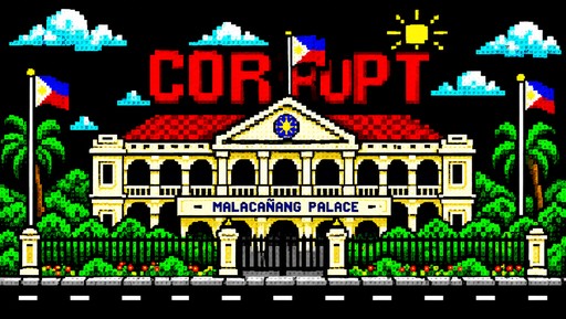 Colorful pixel art of a palace with palm trees and a bright sun