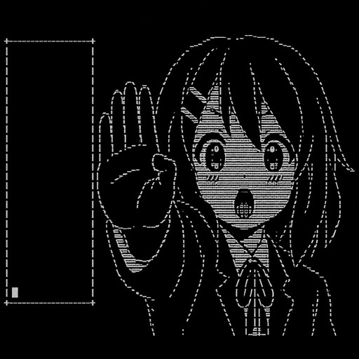 Black-and-white ASCII art of a person waving beside a rectangular frame.