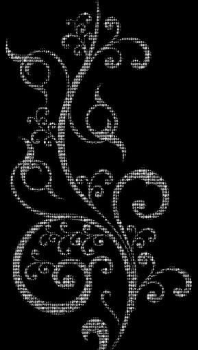 White ornamental floral ASCII art on a black background.