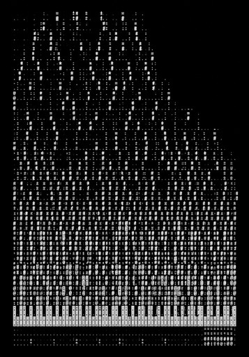 White ASCII characters form a tall, tapering abstract pattern on black.