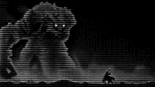 Monochrome ASCII art of a large creature facing a small person on a dark landscape