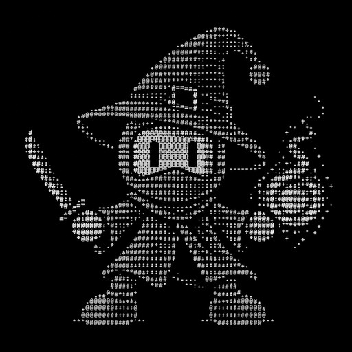 Create a more stylized, cartoonish wizard in the *Bomberman* style, wearing Kakashi's mask and a witch's hat; have him holding a short katana in one hand and a magic spell in the other.